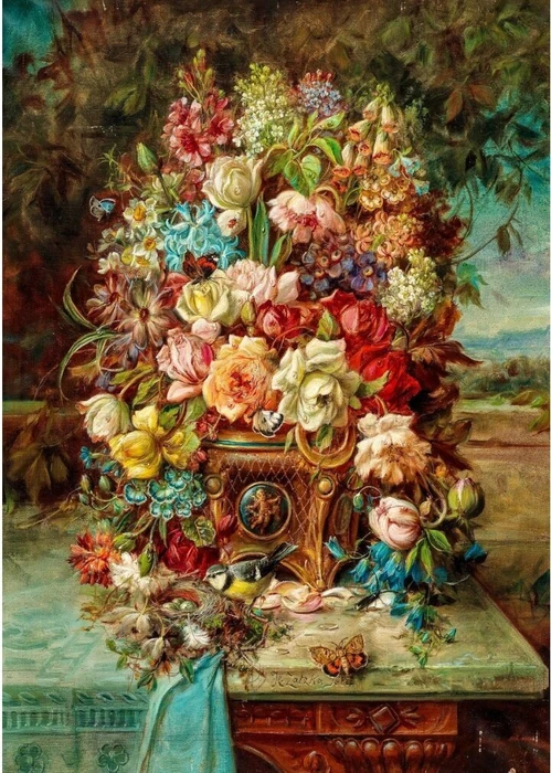 ENJOY Puzzle Hans Zatzka: Flowers Still Life with Blue Tit