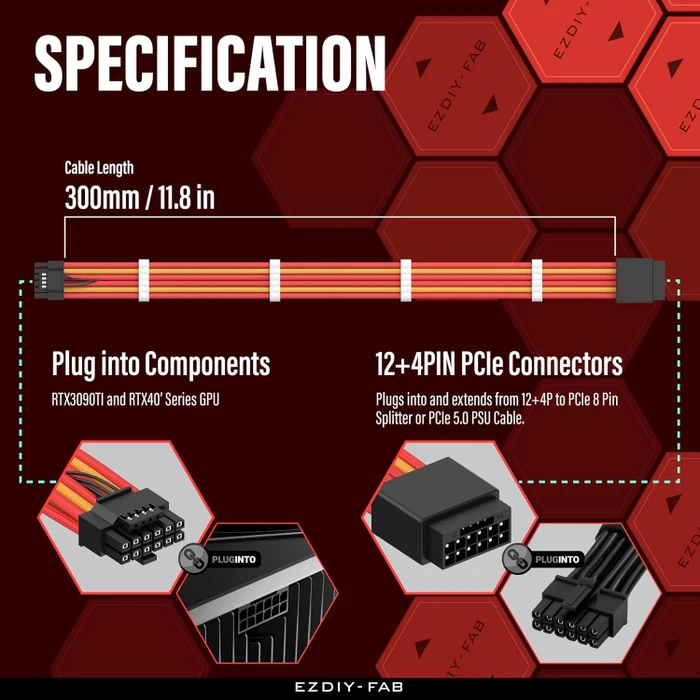 EZDIY-FAB 12VHPWR Kabel, 16-Pin PCIe Verlängerungskabel, 16-Pin PCIe 5.0 12VHPWR Buchse auf 16-Pin PCIe 5.0 12VHPWR Stecker, 16AWG, rot/gelb, 30cm