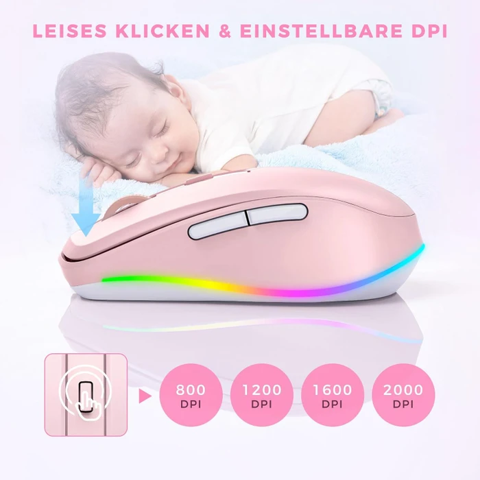 Seenda Rechargeable Wireless RGB Mouse mit Jiggler-Funktion, rosa, USB
