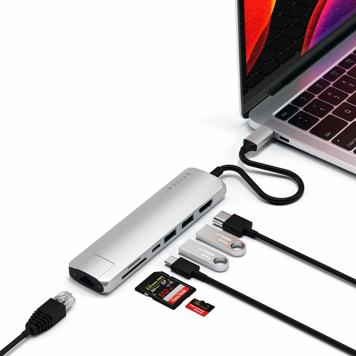 Satechi USB-C Slim Multi-Port with Ethernet Adapter silver Dual-Slot-Cardreader, USB-C 3.0 [Stecker]