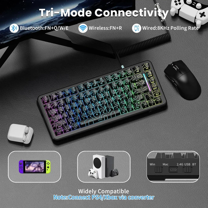 Attack Shark X82PRO HE Magnetic 75% inkl. Spiralkabel, schwarz mit Kontur, LEDs RGB, Outemu White Jade Magnetic, USB/Bluetooth, US