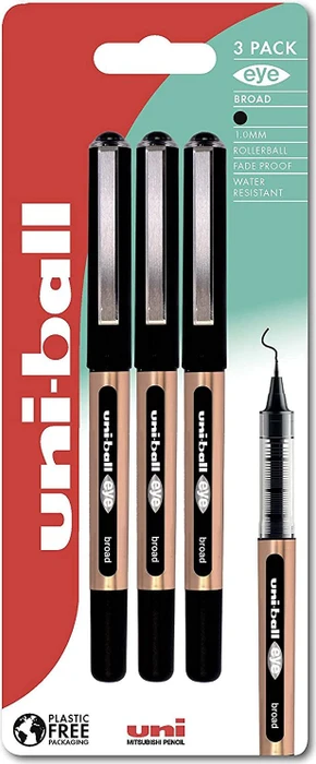 Uni-Ball Eye Broad UB-150-10 Tintenroller (Mine) schwarz/gold, 3er-Pack