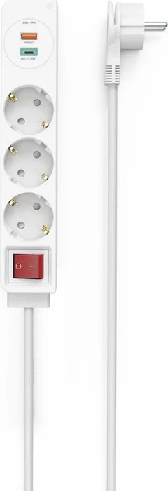 Hama Steckdosenleiste mit Schalter und Winkel-Flachstecker, 3-fach, 1x USB-A/1x USB-C 18W USB-PD, 1.4m, weiß