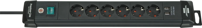 Brennenstuhl Premium-Line Steckdosenleiste 2x USB, 6-fach, 3m, schwarz