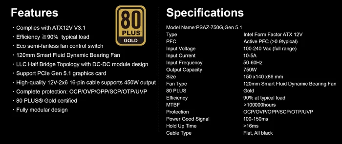 AZZA PSAZ Gold 750W, ATX 3.1 (PSAZ-750G(ATX3.1))