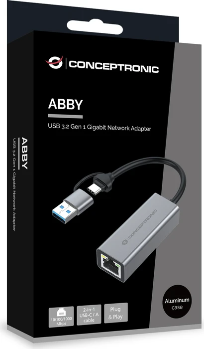 Conceptronic ABBY08G Gigabit LAN-Adapter, USB-C 3.0/USB-A 3.0 [Stecker]