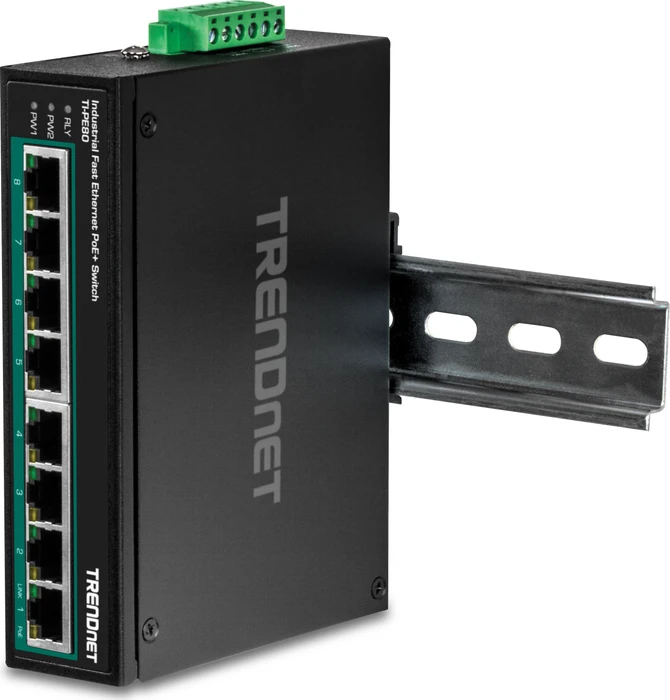 TRENDnet TI Hardened Industrial Railmount Switch, 8x RJ-45, 200W PoE+