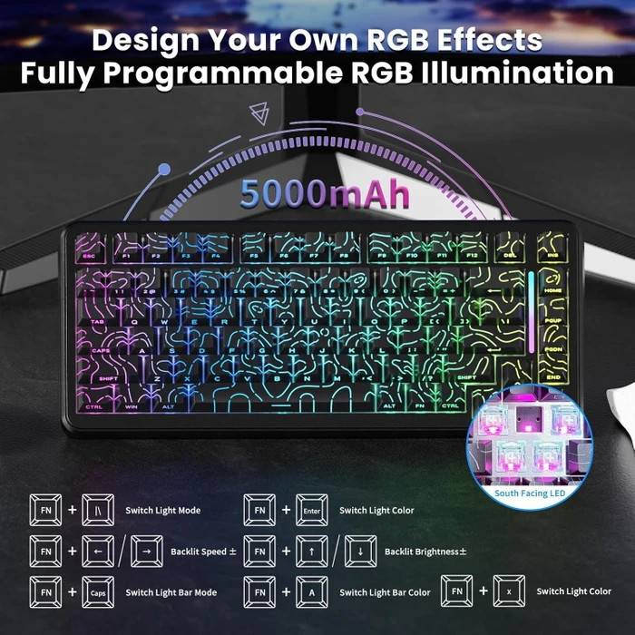 Attack Shark X82PRO HE Magnetic 75% inkl. Spiralkabel, schwarz mit Kontur, LEDs RGB, Outemu White Jade Magnetic, USB/Bluetooth, US