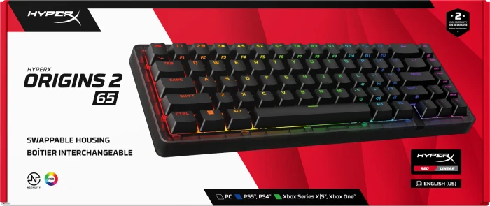 HP HyperX Origins 2 Pro 65, transparent/schwarz, LEDs RGB, HyperX RED, USB, US