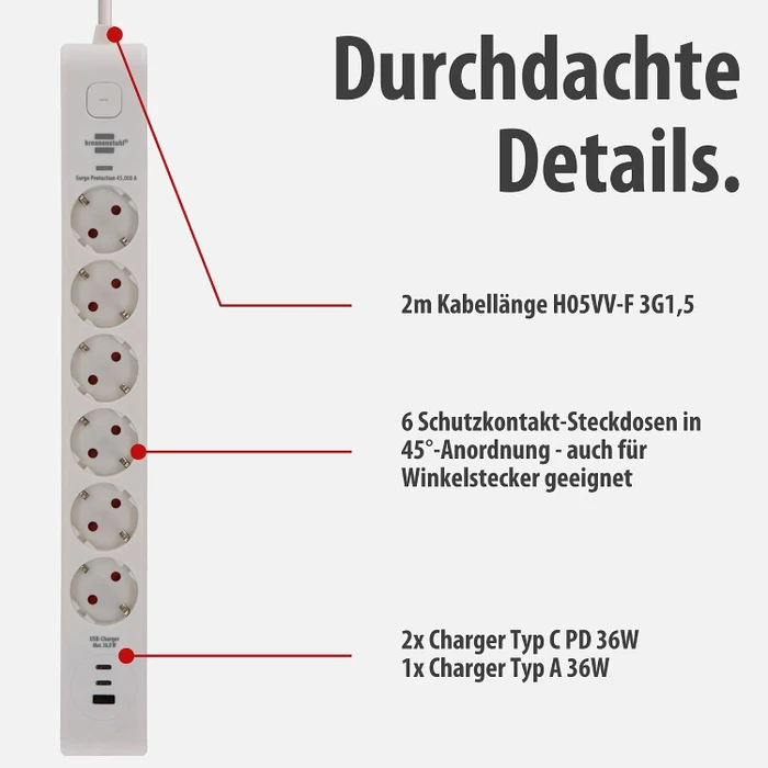 Brennenstuhl Überspannungsschutz-Steckdosenleiste, 6-fach, 1x USB-A/2x USB-C USB-PD, 2m, weiß