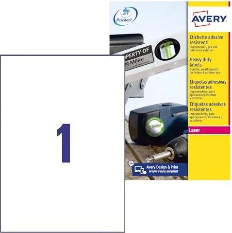Avery-Zweckform Folienetiketten, A4, wetterfest, weiß, 20 Blatt (20 Etiketten)