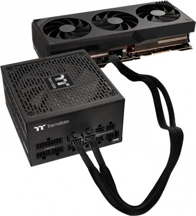 Thermaltake Sleeved PCIe Gen 5 Splitter Cable, 600W PCIe 5.0 12VHPWR, 2x 8-Pin PCIe Stecker auf 16-Pin PCIe 5.0 12VHPWR Stecker, Adapterkabel, schwarz, 60cm