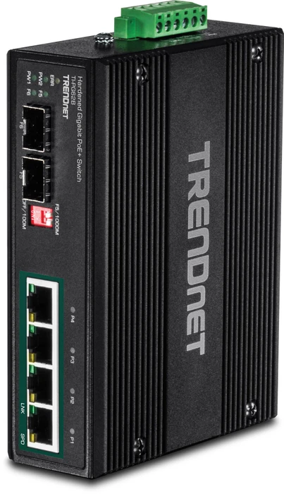 TRENDnet TI Hardened Industrial Railmount Gigabit Switch, 4x RJ-45, 2x SFP, 120W PoE+
