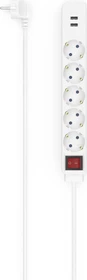 Hama Steckdosenleiste mit Schalter, 5-fach, 2x USB, 1.4m, weiß