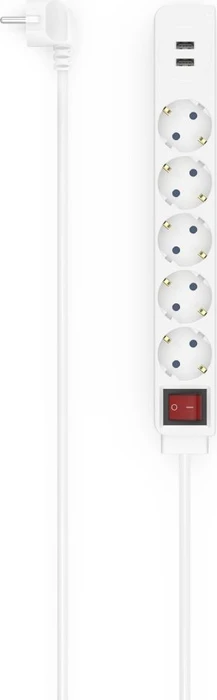 Hama Steckdosenleiste mit Schalter, 5-fach, 2x USB, 1.4m, weiß