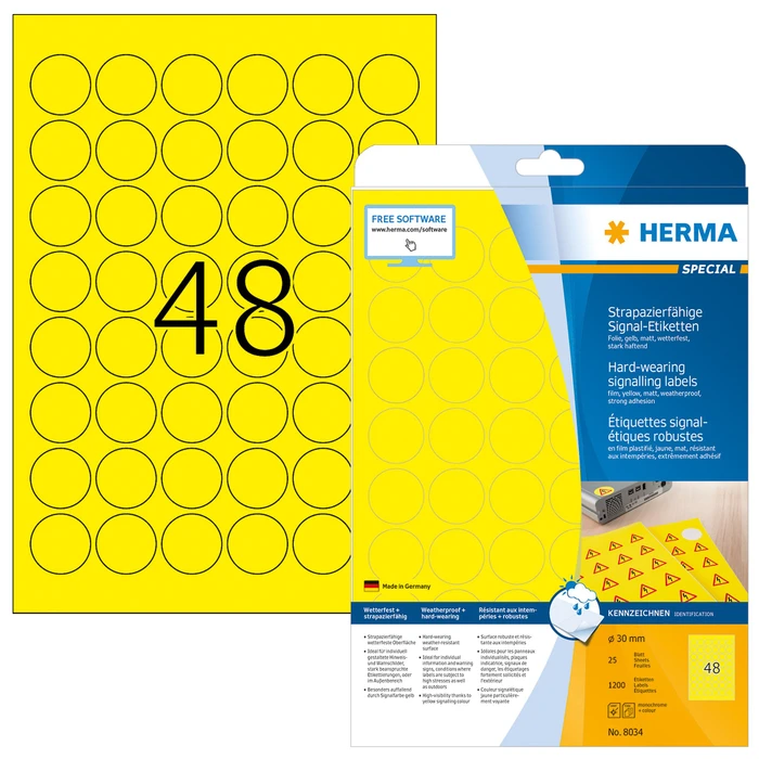 Herma Folienetiketten rund, 30mm, wetterfest, gelb, matt, 25 Blatt (1200 Etiketten)