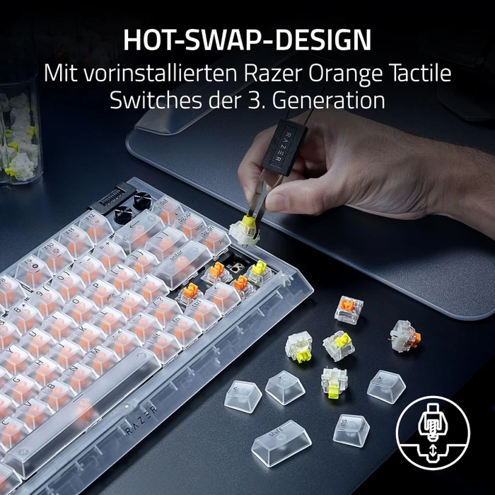 Razer BlackWidow V4 75%, Phantom White Edition, hot-swap, Razer ORANGE Tactile Gen-3, USB, US