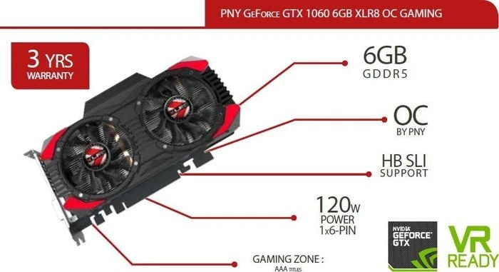 PNY GeForce GTX 1060 XLR8 OC Gaming, 6GB GDDR5, DVI, HDMI, 3x DP