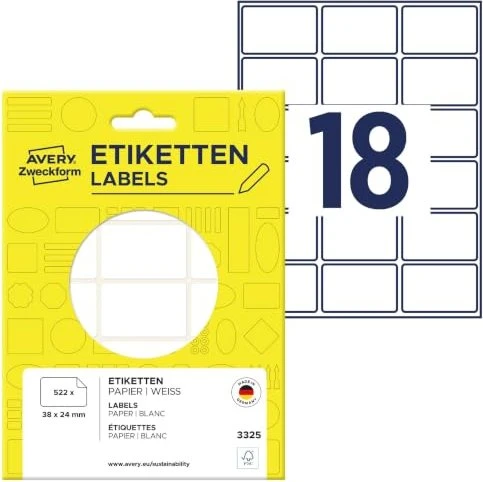 Avery-Zweckform Mini-Organisationsetiketten Sonderformat, 38x24mm, weiß, 29 Blatt (522 Etiketten)