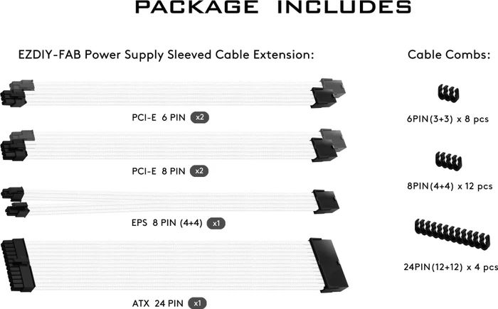 EZDIY-FAB Cable Extension Kit, 1x 24-Pin, 1x 4/8-Pin ATX, 2x 6-Pin PCIe, 16AWG, 2x 8-Pin PCIe, 16 AWG Nylon, weiß