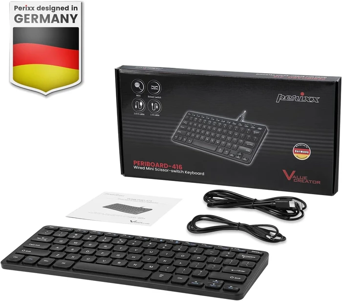 Perixx Periboard-416 Mini Keyboard, schwarz, LEDs weiß, USB & USB-C, US