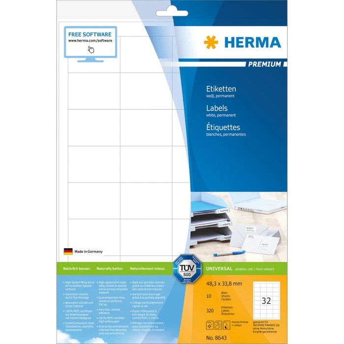 Herma Etiketten Premium, 48.3x33.8mm, weiß, matt, 10 Blatt (320 Etiketten)