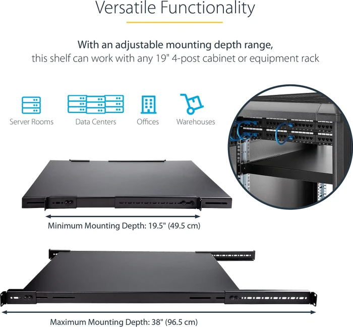 StarTech Verstellbarer Server Rack Fachboden bis 150kg, schwarz, 495mm Einbautiefe, 1HE