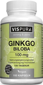 Vispura Ginkgo Biloba 100mg Extrakt (50:1) hochdosiert vegane Kapseln, 100 Stück