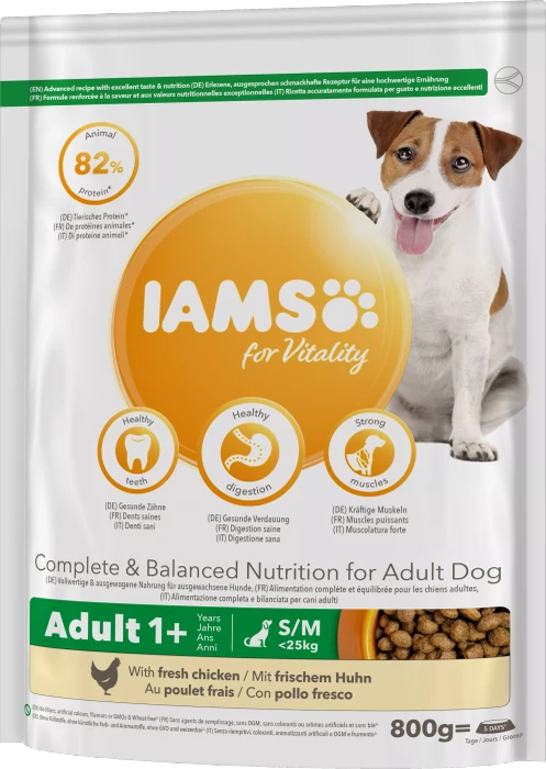 IAMS for Vitality für ausgewachsene Hunde kleiner und mittelgroßer Rasse, mit Huhn, 800g