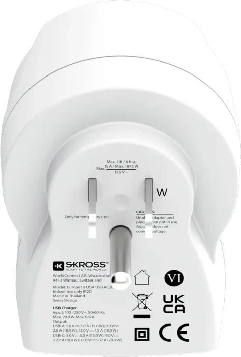 Skross Europe to USA USB AC20PD, 1x USB-A, 1x USB-C