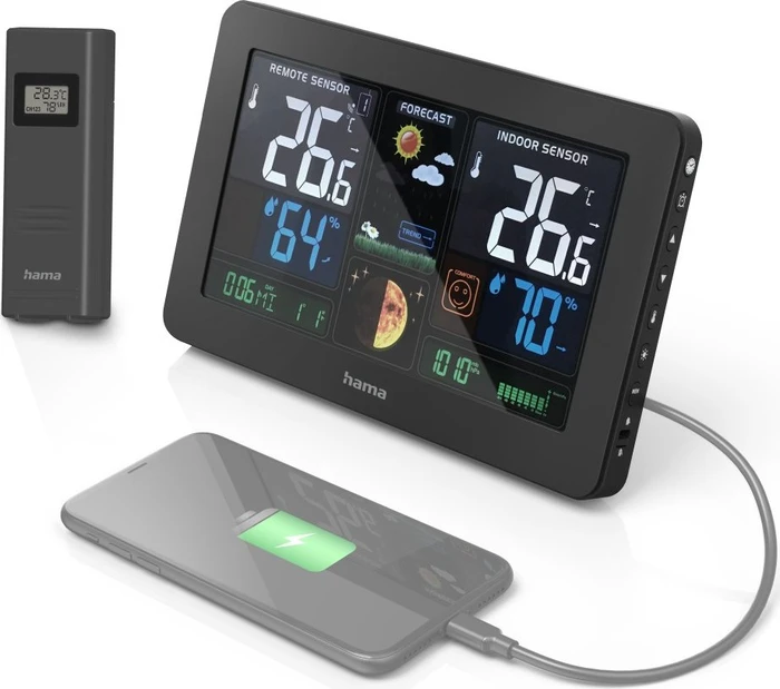 Hama Premium Funkwetterstation mit LED-Farbdisplay und USB-Ladefunktion, digital