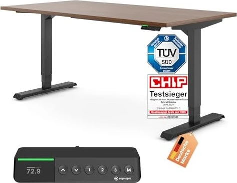 Ergotopia Desktopia Pro X elektrisch höhenverstellbarer Sitz-Steh-Schreibtisch 160x80cm Nussbaum/schwarz
