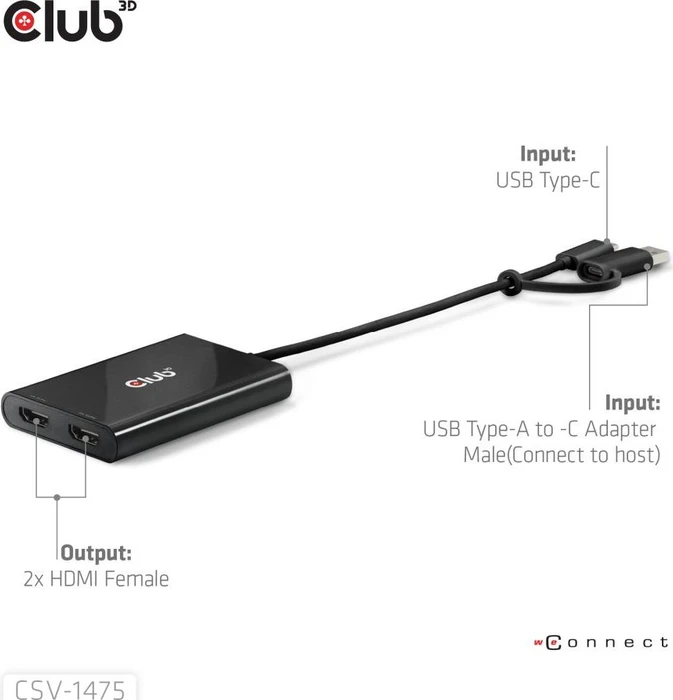 Club 3D USB-C auf dualen HDMI Videosplitter, USB-C 3.0 [Stecker], USB-A 3.0 [Stecker]