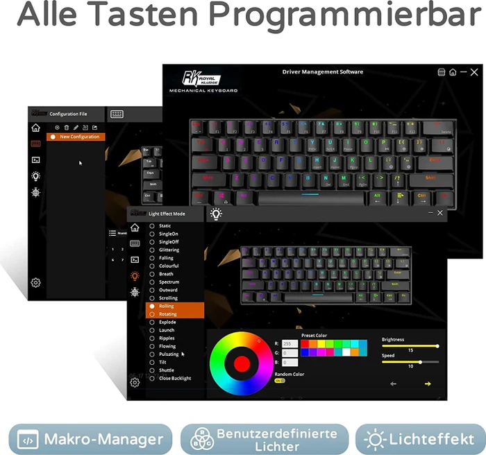 RK Royal Kludge RK61 60% Wireless, weiß, LEDs RGB, hot-swap, RK BROWN, USB/Bluetooth, DE