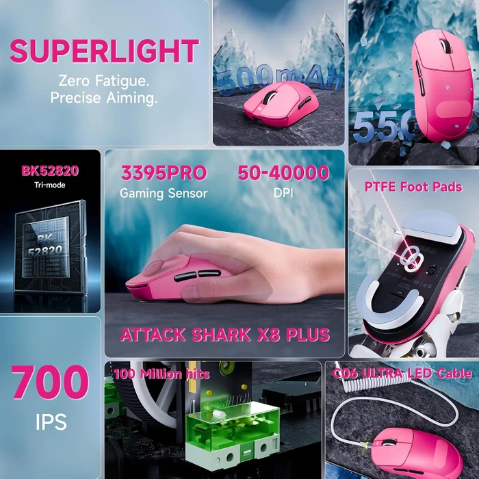 Attack Shark X8 Plus Tri-mode Wireless Gaming Mouse, Berry Red, inkl. Grip Tape & C06 Ultra LED Kabel, USB/Bluetooth