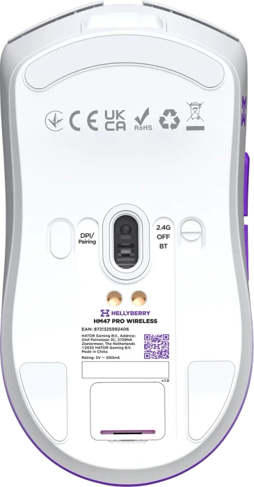 Hellyberry HM47 Pro Wireless Gaming Mouse mit Ladestation, weiß/violett, USB/Bluetooth