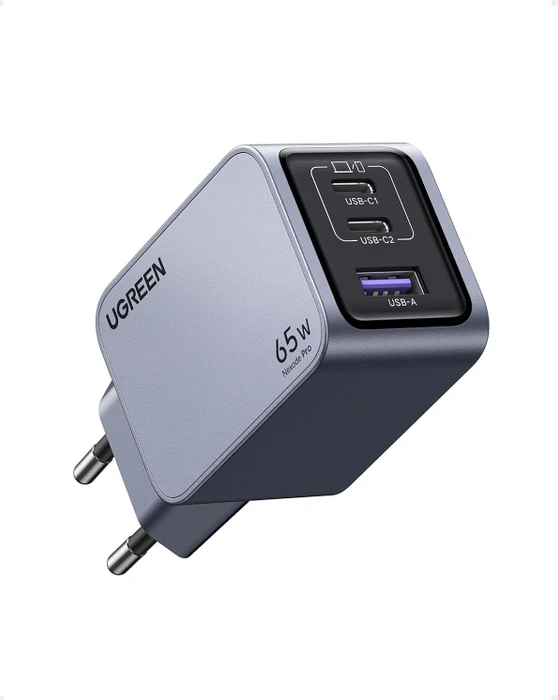Ugreen Nexode Pro 65W USB-C Ladegerät 3-Ports Mini GaN Schnellladegerat schwarz/grau