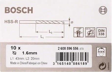 Bosch Professional HSS-R Spiralbohrer, 1.6x20x43mm, 10 Stück