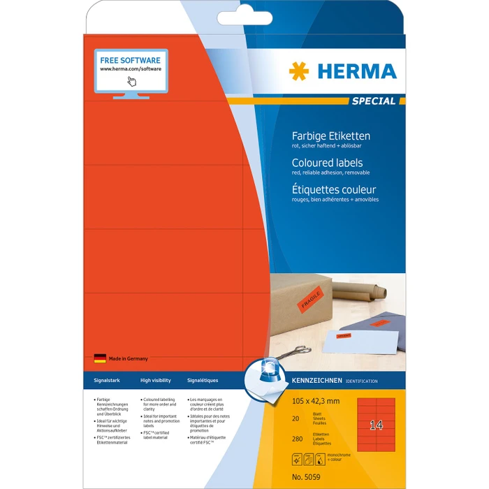 Herma Etiketten, 105x42.3mm, ablösbar, rot, 20 Blatt (280 Etiketten)
