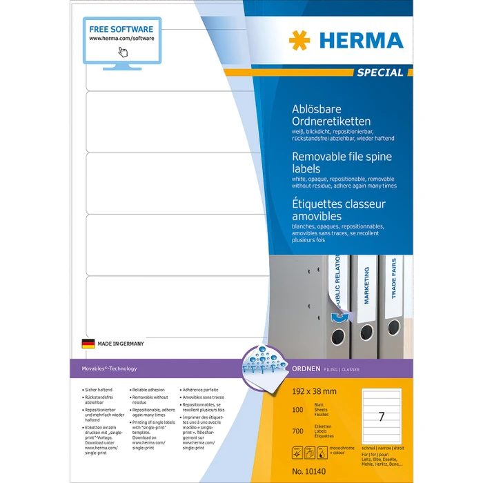 Herma Ordneretiketten, 192x38mm, ablösbar, weiß, 100 Blatt (700 Etiketten)