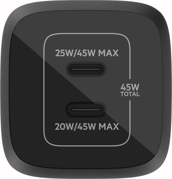 Belkin BoostCharge Pro USB-C-GaN-Ladegerät mit zwei Anschlüssen und PPS (45W) schwarz