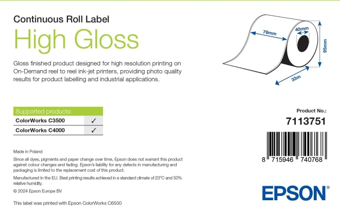 Epson Endlosetiketten High Gloss Continuous Roll, 76mm, 33m, weiß, hochglänzend, 1 Rolle (1 Etiketten) (7113751)