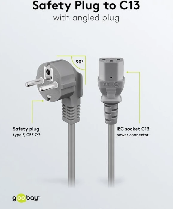 Wentronic Goobay Kaltgeräte Netzkabel, Schutzkontakt auf Kaltgerätestecker C13, gewinkelt, grau, 2m