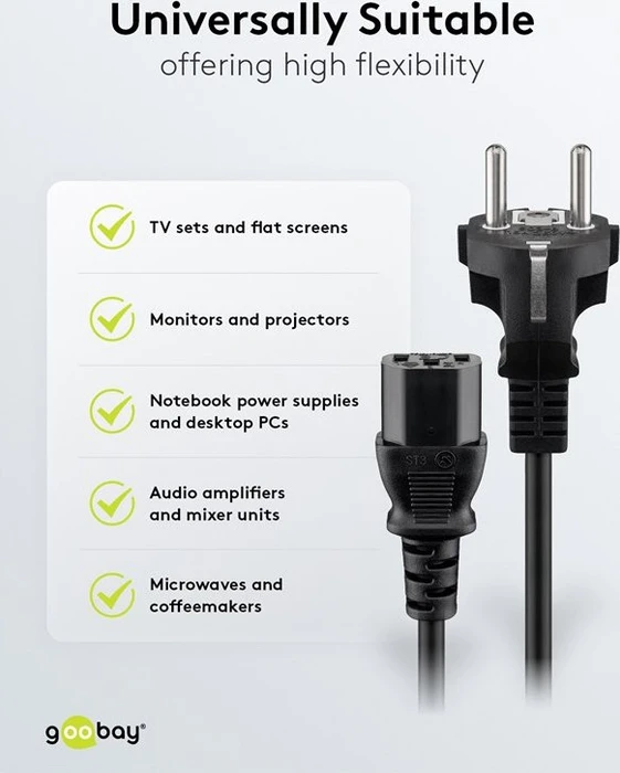 Wentronic Goobay Kaltgeräte Netzkabel, Schutzkontakt auf Kaltgerätestecker C13, schwarz, 1.5m