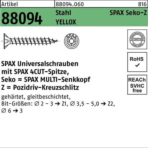 Spax YELLOX A2L 4CUT PZ1 Universalschraube, 3x12mm, 200 Stück