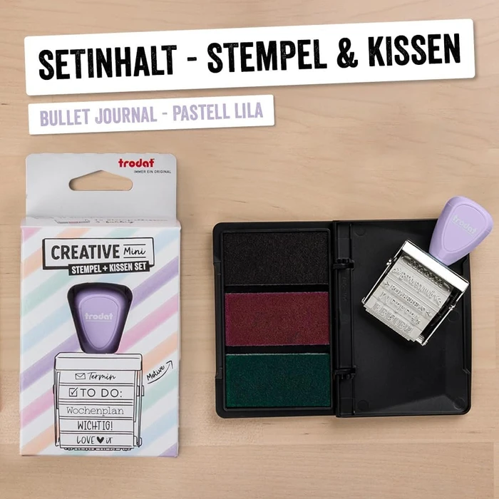 trodat Creative Mini Handstempel mit 12 Abdrucken "Bullet Journal" inkl. 3-farbigem Kissen, 30x5mm, pastell lila, 2er-Set