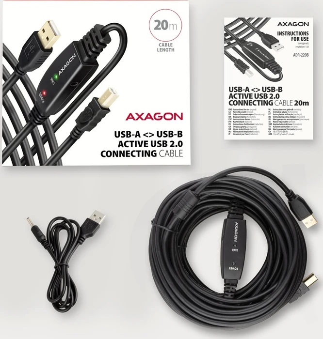 Axagon USB Adapterkabel, USB 2.0, 480Mb/s, USB-A 2.0 [Stecker] auf USB-B 2.0 [Stecker], aktiv, Adapterkabel, 20m