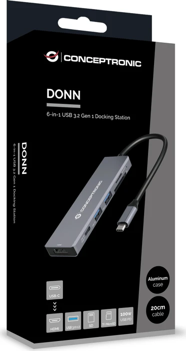 Conceptronic 6-in-1 Dockingstation, USB-C 3.0 [Stecker]