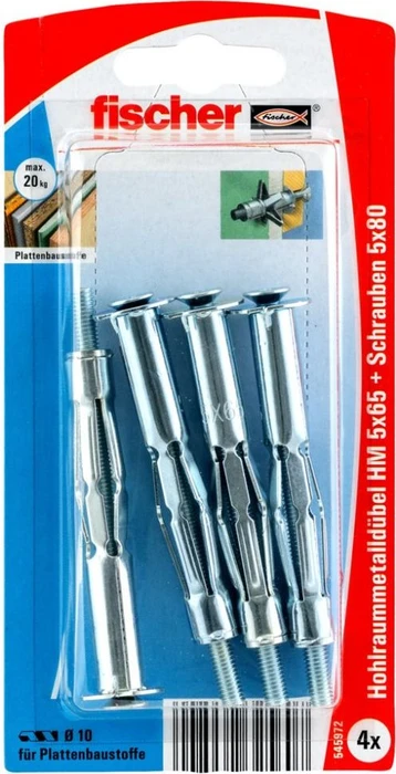 fischer HM 5x65 SK K Hohlraum-Metalldübel Schrauben/Dübel-Sortiment, 4 Stück