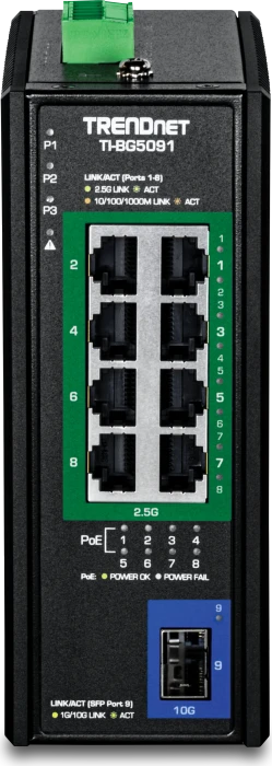 TRENDnet TI Hardened Industrial Railmount 2.5G Switch, 8x RJ-45, 1x SFP+, 480W PoE++